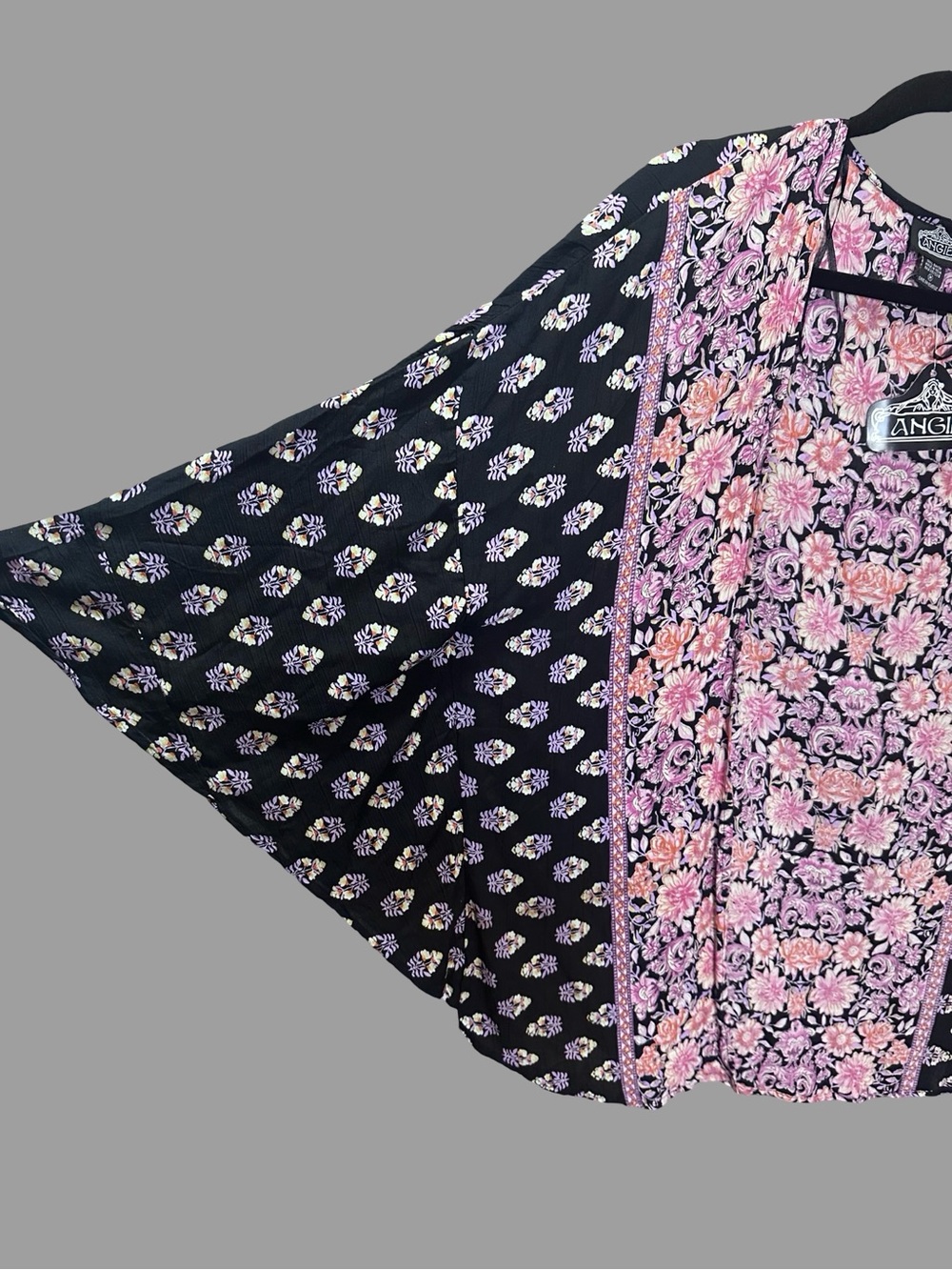Angie Black Kimono Cardigan with Pink Floral Trim - Picture 5 of 7